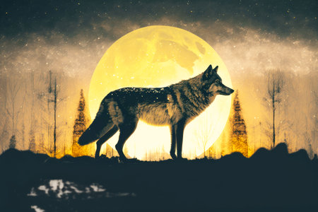 double exposure of wolf in snow against yellow moon night sky background, generative ai