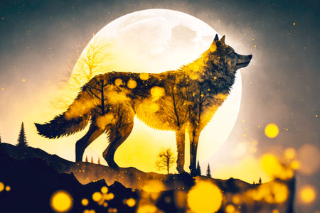 double exposure of wolf in snow against yellow moon night sky background, generative ai