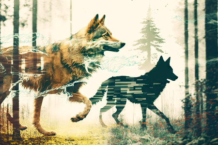 double exposure of wolf and dog running in forest, generative ai