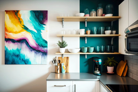 new stylish kitchen shelves and painting in apartment renovation walls painting, generative ai