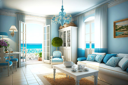 beachfront villa interior comfortable apartment with sea view of blue mediterranean sea, generative aiの写真素材