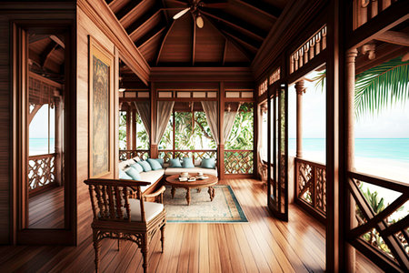 tropical wooden beachfront villa interior with veranda and sea view, generative aiの写真素材