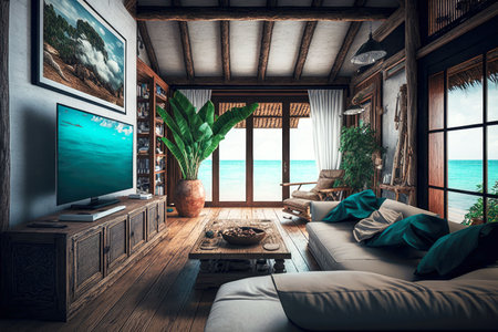 cozy living room with sofa and tv in beachfront villa interior, generative aiの写真素材