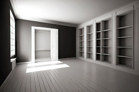 empty spacious rooms with flooring and bookshelves against wall, generative aiの写真素材