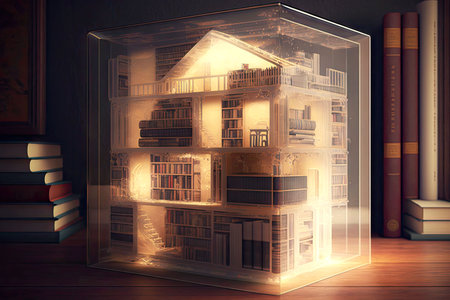 transparent model of library with bookshelves at home in study, generative aiの写真素材