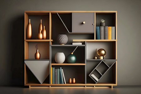 wooden bookshelves on gray background with modern stylish furniture, generative aiの写真素材