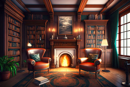 library interior with comfortable armchairs, bookshelves and burning fireplace, generative aiの写真素材
