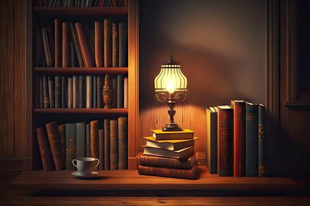 bookshelf with books and table lamp on brown wooden floor, generative aiの写真素材