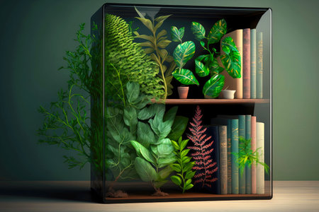 bookshelf with beautiful green large plants on it, generative aiの写真素材