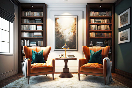room with soft luxurious armchairs and bookshelves with art books, generative ai