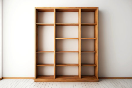 empty wooden bookshelves standing against white wall in interior of room or apartment, generative aiの写真素材