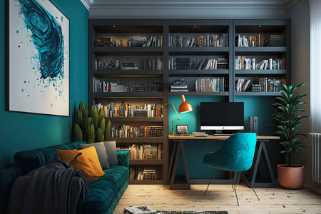 interior of living room with study table and bookshelves, generative ai