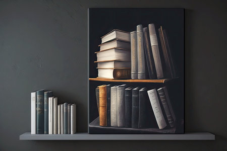 shelves with books standing on dark gray background, generative aiの写真素材