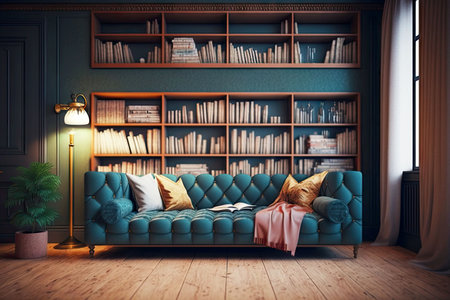 interior room with comfortable sofa and rack of books in racks bookshelves, generative aiの写真素材