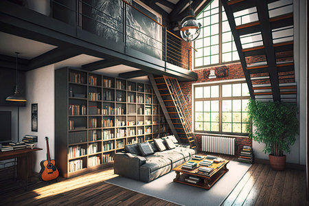 loft with bookshelves in living room of house, generative aiの写真素材