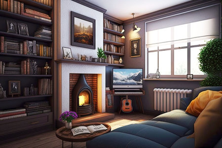 compact living room with comfortable sofa, fireplace and bookshelves, generative ai