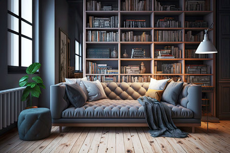 wooden bookcase with wooden floors and grey sofa, generative aiの写真素材