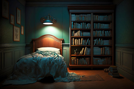 dark room with bed and lamp on wall and bookshelves, generative aiの写真素材