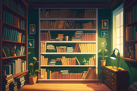 shelves with books and library in room interior illustration, generative aiの写真素材