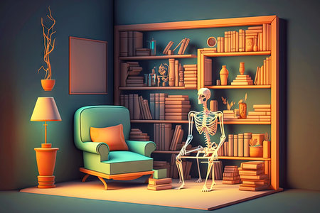 anatomy of interior room with bookshelves and armchair, generative aiの写真素材