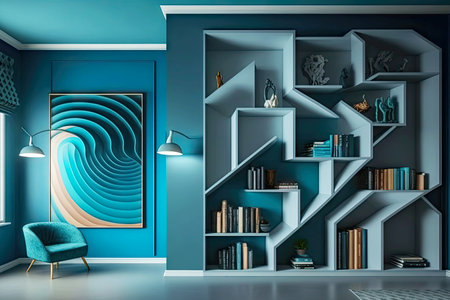modern interior design with graphic bookshelves against background of wall in blue tones, generative...