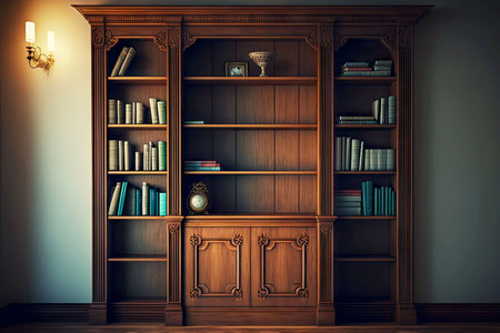 empty bookcase with books on shelves in room, generative aiの写真素材