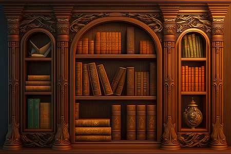 expensive wooden bookshelves with shelves and book covers, generative aiの写真素材