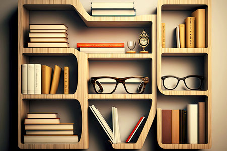 modern light wooden bookshelves with reading glasses and different publications, generative aiの写真素材