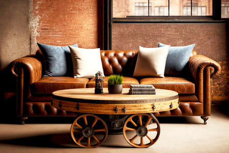 leather sofa and brown leather chair next to vintage table with wheelsの写真素材