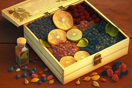 box of dried fruit and berries drops for treatment of dry cough, generative ai