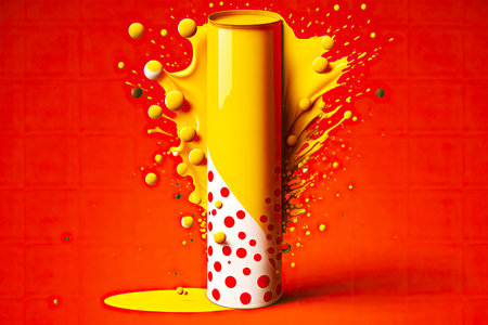empty tube on yellow background with splash of red drops of cough drops, generative aiの写真素材