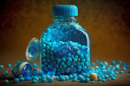 blue bottle with drops of soluble candy for cold and cough, generative ai