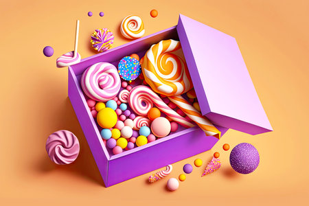 box with lollipops and candy on violet background, generative aiの写真素材