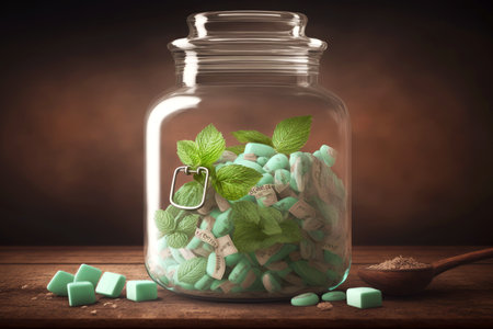 jar with mint sugar candy as remedy against throat diseases and cough drops, generative aiの写真素材