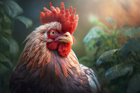 portrait of chicken in a natural environment, generative ai illustrationの写真素材