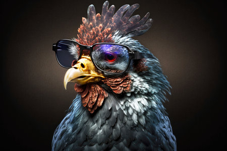 portrait of chicken with sunglasses on a dark background, generative ai illustrationの写真素材