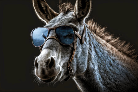 portrait of donkey with sunglasses on a dark background, generative ai illustrationの写真素材