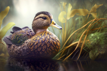 portrait of duck in a natural environment, generative ai illustrationの写真素材