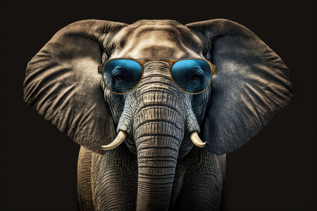 portrait of elephant with sunglasses on a dark background, generative ai illustrationの写真素材