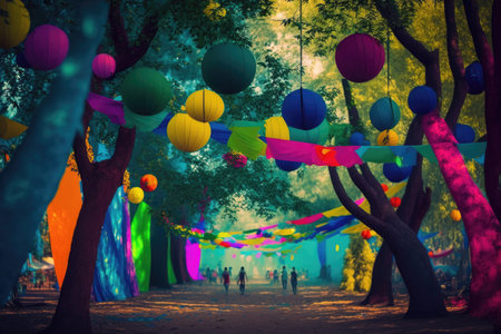 colorful decorations and festival of colors in park on background of trees and foliage, created with generative aiの素材