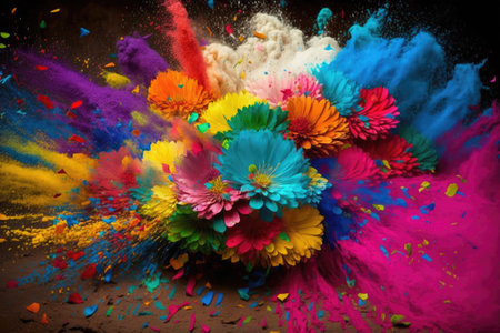 bright multi-colored flowers thrown during traditional indian holiday of holi, created with generative aiの素材