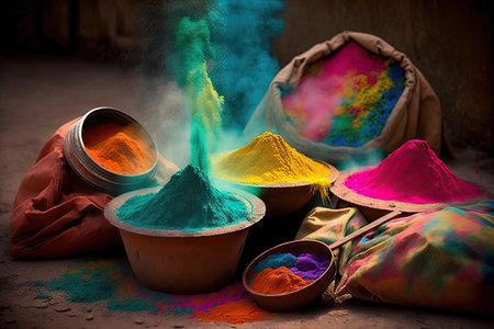 festival of india and celebration of holi in delhi with multi-colored powders, created with generative aiの素材