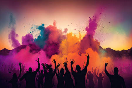 holi festival of colors on background of beautiful sunrise, created with generative aiの素材