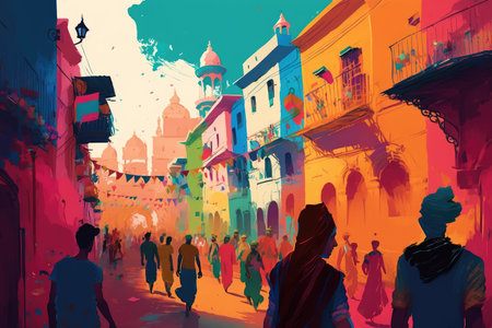 festival of colors and love on background indian street with buildings, people and transportation, created with generative aiの素材
