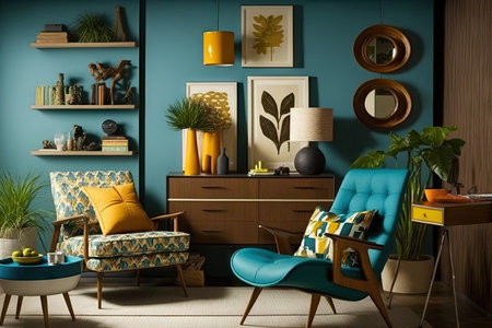 home decor shop specializing in mid-century modern furniture, lighting and decor, created with generative aiの素材