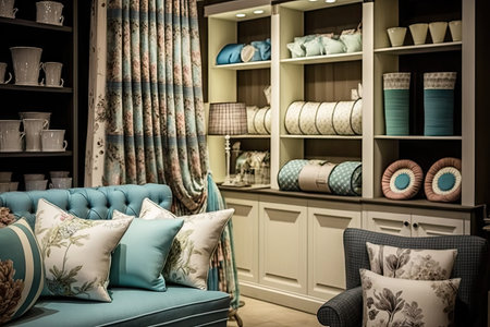 home decor shop with variety of fabrics, wallpaper and accessories for customers to choose from, created with generative aiの素材