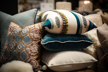 home decor store with selection of pillows and throws in a variety of colors and patterns, created with generative aiの素材