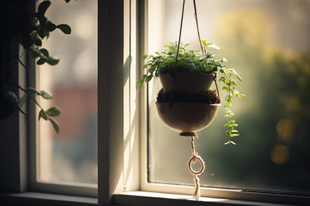 hanging plant in a pot on the windowsill, created with generative aiの素材