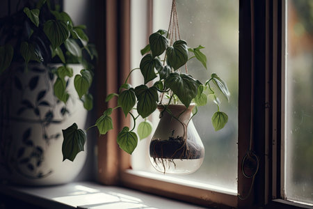 hanging plant in a pot on the windowsill, created with generative aiの素材