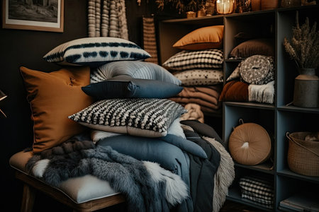 home decor shop with variety of pillows and throws on display, created with generative aiの素材